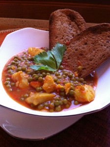 Zuppa di piselli e rana pescatrice